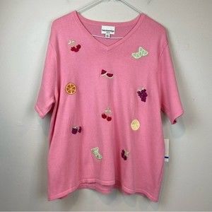 NWT! Breckinridge Pink Fruit Themed Short Sleeve Sweater Women’s Size PXL